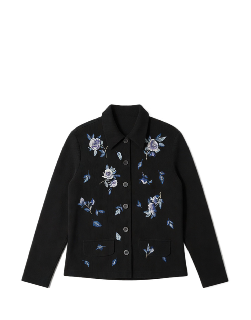 Together! Cottage Core Vintage Collared Button Up M Black Floral Embroidered